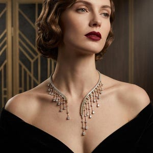May include: A diamond necklace with a unique design. The necklace features a series of small diamonds and dangling pendants. The woman in the image is wearing a black off-the-shoulder dress. The background is a dark, elegant setting.