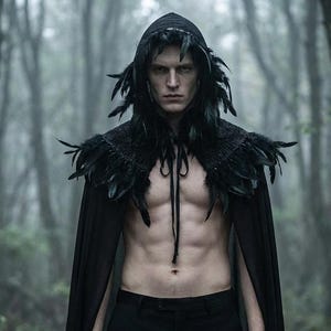May include: A black hooded cloak with feather trim. The cloak is worn over black pants. The model is standing in a forest with a blurred background.