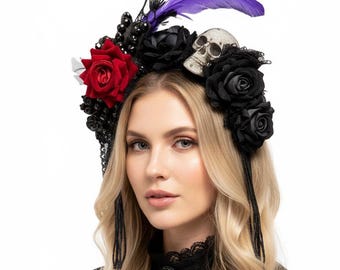 Black Skull Rose Headpiece with Feather Accent for Dark Costume Photography