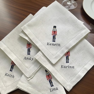 Personalized Embroidered Linen Christmas Napkin: Nutcracker Design