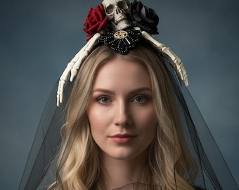 Black Veiled Skull Headpiece with Skeleton Hand Detail for Gothic Ritual Styling