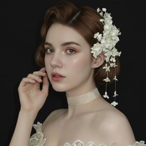 May include: A woman with auburn hair adorned with a white floral hairpiece and a cream choker. The hairpiece includes cascading white flowers and dangling pearl accents. She wears a white lace dress against a black backdrop.