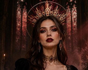 Halloween Gothic Halo Crown Headpiece Burgundy Feather Gold Halo Headband Dark Queen Costume