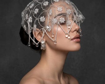 Luxury Beaded Birdcage Veil Crystal Fringe Bridal Headpiece Art Deco Wedding Veil