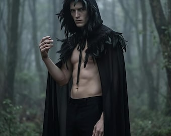 Mantello con cappuccio di piume nere, mantello gotico da strega, fatto a mano, per costume fantasy e cosplay, pezzo forte