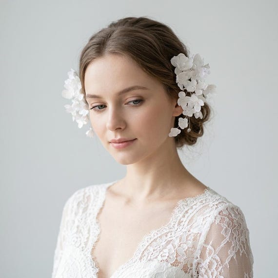White Flower Bridal Hair Clip Set, Romantic Wedding Hair Accessories Pair