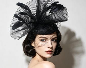 Black Fascinator Hat Birdcage Veil Feather Cocktail Wedding Derby Headpiece