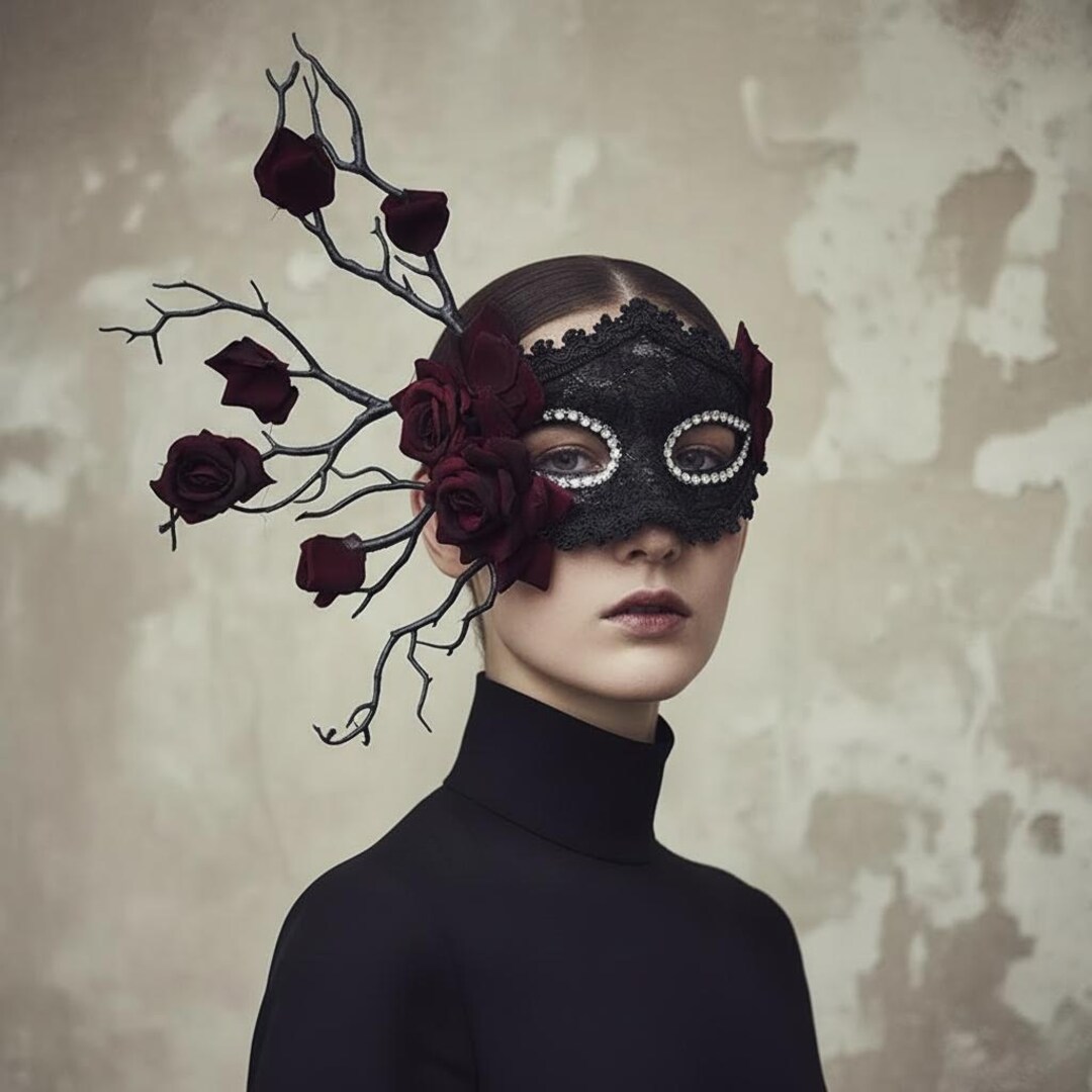 Mask With Roses Gothic Masquerade Mask With Red Roses and Black Branches, Phantom ...
