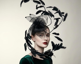 Black Feather Fascinator Sculptural Headpiece Statement Hat Wedding Ascot Derby Elegant Gothic