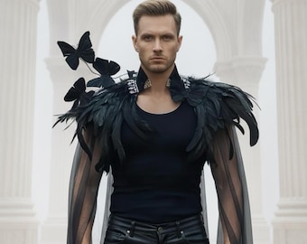Black Feather Shoulder Cape Gothic Raven Costume Epaulet Festival Halloween Costume Accessory