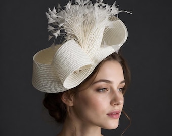White Sculptural Fascinator Braided Millinery Hat Feather Headpiece Royal Ascot Wedding Guest
