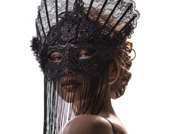 Black Gothic Venetian Mask Lace Headdress Long Fringe Masquerade Carnival Wedding Costume Headpiece