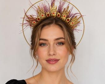 Burgundy Feather Halloween Halo Crown Gothic Headpiece Vampire Queen Cosplay Headband Costume