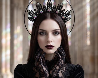 Black Gothic Halo Crown Headpiece for Halloween Witch Costume Cosplay and Fantasy Events