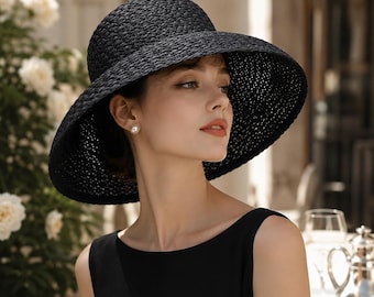 Hepburn Inspired Woven Cloche Hat Wide Brim Vintage Summer Sun Hat