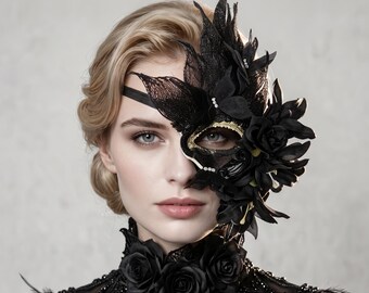 Black Gothic Masquerade Mask Floral Venetian Carnival Half Face Costume Accessory Women