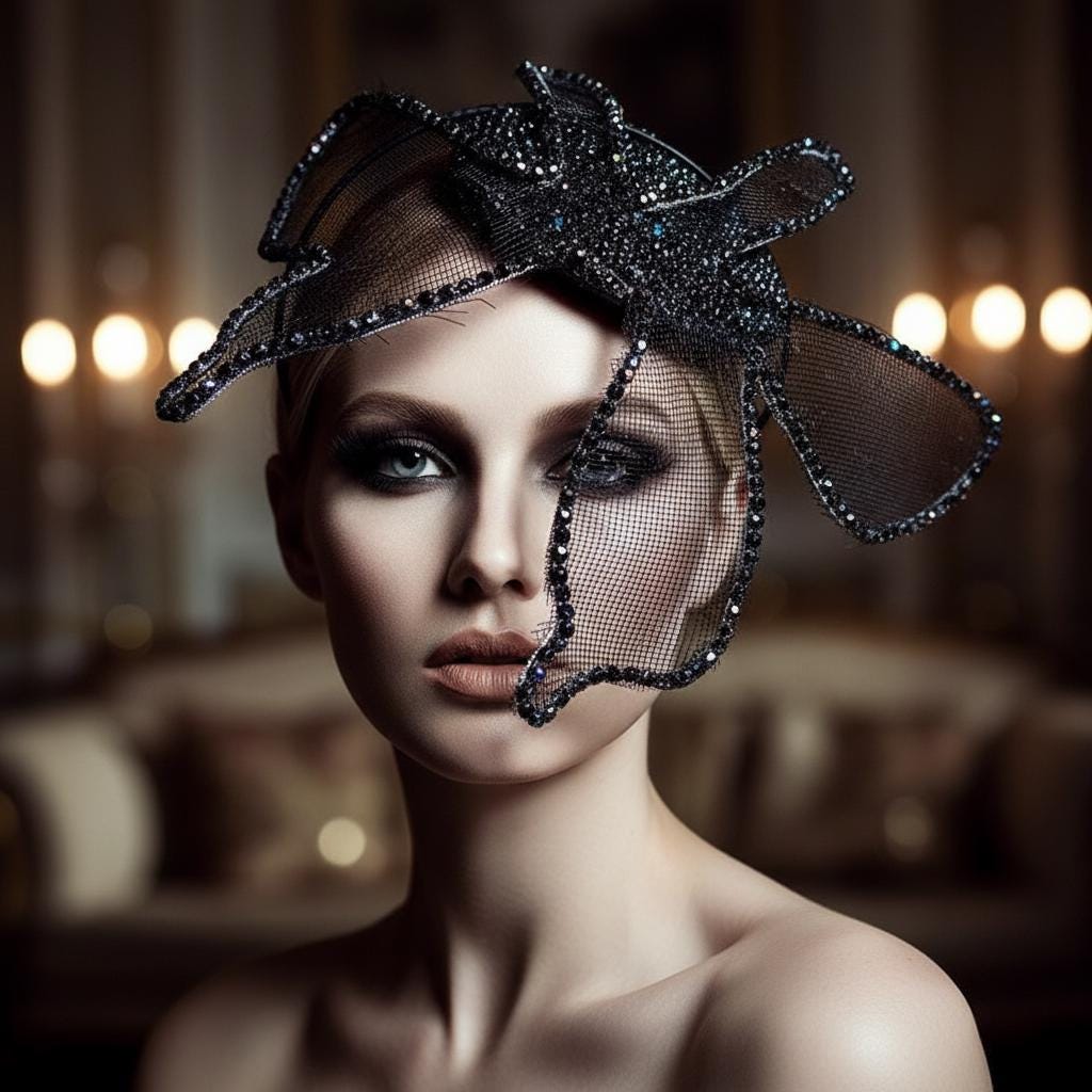 1211 Rhinestone Headpiece Black Mesh Veil Black Rhinestone Veil Headpiece, Avant Garde Mesh Birdcage  main image 3