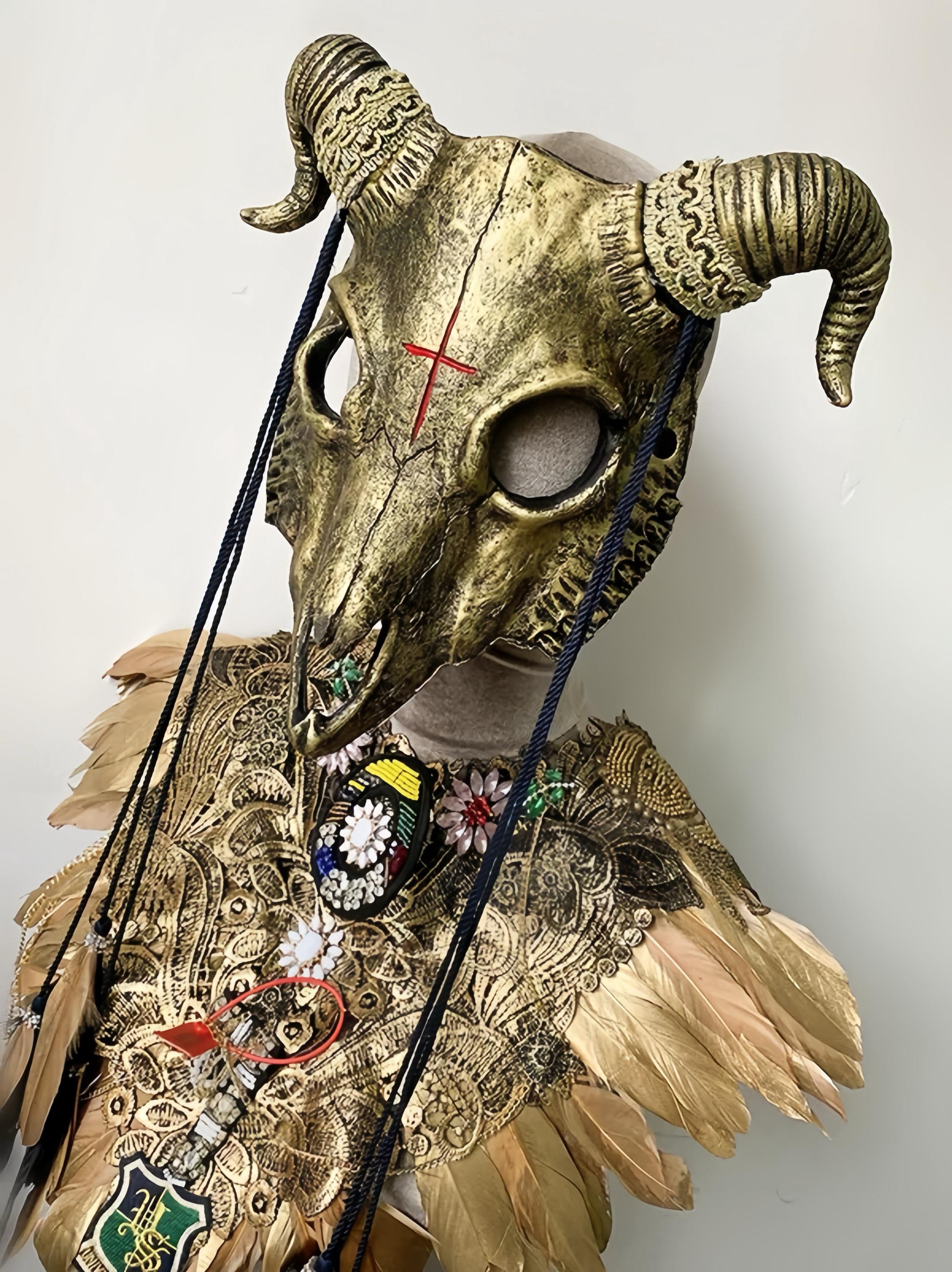 Occult Ritual Mask Ram Skull Mask & Feathered Ritual Cape Set - Pagan Shaman Headdress ...