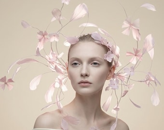 Blush Pink Floral Headpiece Avant Garde Fascinator Couture Wedding Art Headwear