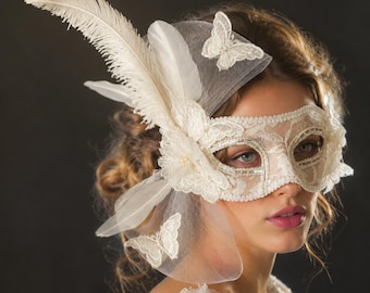 White Venetian Lace Mask Feather Butterfly Masquerade Bridal Costume Elegant Headpiece Accessory