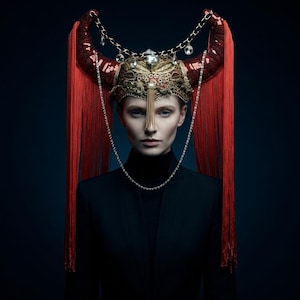 Könnte beinhalten: Eine Frau trägt einen aufwendigen Kopfschmuck mit roten, hornartigen Strukturen, goldenem Filigran und hängenden Ketten. Der Kopfschmuck ist mit glitzernden Edelsteinen und roter Fransen verziert. Sie trägt einen schwarzen Blazer und einen Rollkragenpullover.