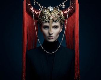 Chifres de diabo vermelhos com lantejoulas e franjas longas, tiara gótica com strass, fantasia de drag queen para palco.