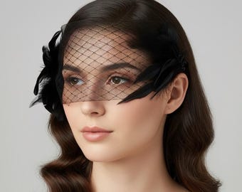 Velo per gli occhi in piuma nera a forma di gabbia per uccelli, velo per il viso in stile gotico vintage per matrimoni ed eventi