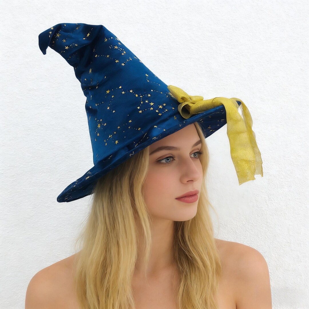 Blue Wizard Hat With Gold Celestial Stars, Enchanting Witch Costume ...