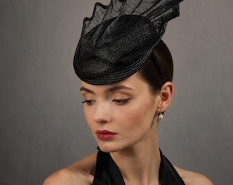 Black Sinamay Fascinator Hat Sculptural Headpiece Derby Wedding Guest Cocktail Fascinator