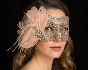 Feder Maskerade Maske, Luxus Kristall venezianischen Gesichtsschmuck, Gatsby Braut Gesichtsschmuck, eleganter Karneval Kopfschmuck