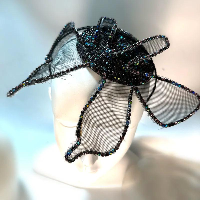 Black Rhinestone Veil Headpiece, Avant Garde Mesh Birdcage 