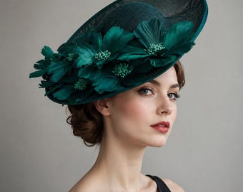 Green Fascinator Hat Feather Flower Derby Hat Royal Ascot Wedding Guest Headpiece