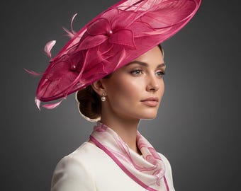Hot Pink Sinamay Dress Hat Large Brim Church Kentucky Derby Hat