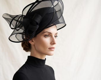 Black Sculptural Fascinator Hat Elegant Wedding Headpiece Kentucky Derby Race Day Cocktail Hat