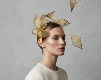Gold Luxury Fascinator Ostrich Quill Sculptural Headpiece Ascot Derby Formal Event Hat