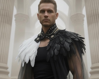 Capa de plumas blancas y negras para los hombros, disfraz gótico pagano para rituales de Halloween