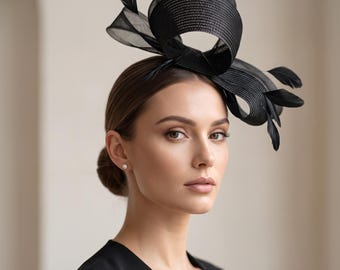 Black Sculptural Fascinator Hat Feather Headpiece Elegant Royal Ascot Wedding Cocktail Hat