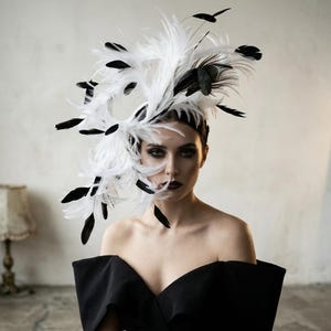May include: A woman wearing a dramatic headpiece of white and black feathers. The feathers are arranged in a swirling pattern, creating a striking visual effect. She is wearing a black off-the-shoulder dress. The overall aesthetic is elegant and theatrical.