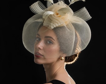 Ivory Sculptural Fascinator Hat Large Mesh Headpiece Wedding Derby Tea Party Elegant