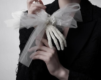 White Pearl Skeleton Hand Wand Gothic Bridal Halloween Wedding Prop