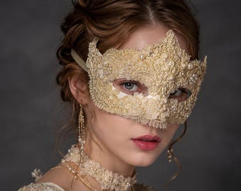 Ivory Baroque Lace Masquerade Mask, Pearl Floral Venetian Party Costume Accessory
