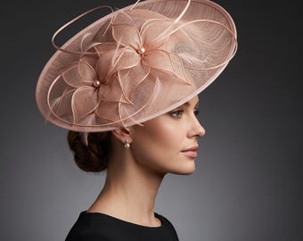 Dusty Rose Sinamay Fascinator Hat Wide Brim Floral Derby Wedding Guest Hat