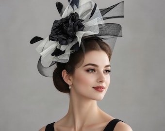 Black White Fascinator Hat Oversized Flower Headpiece Kentucky Derby Tea Party Wedding