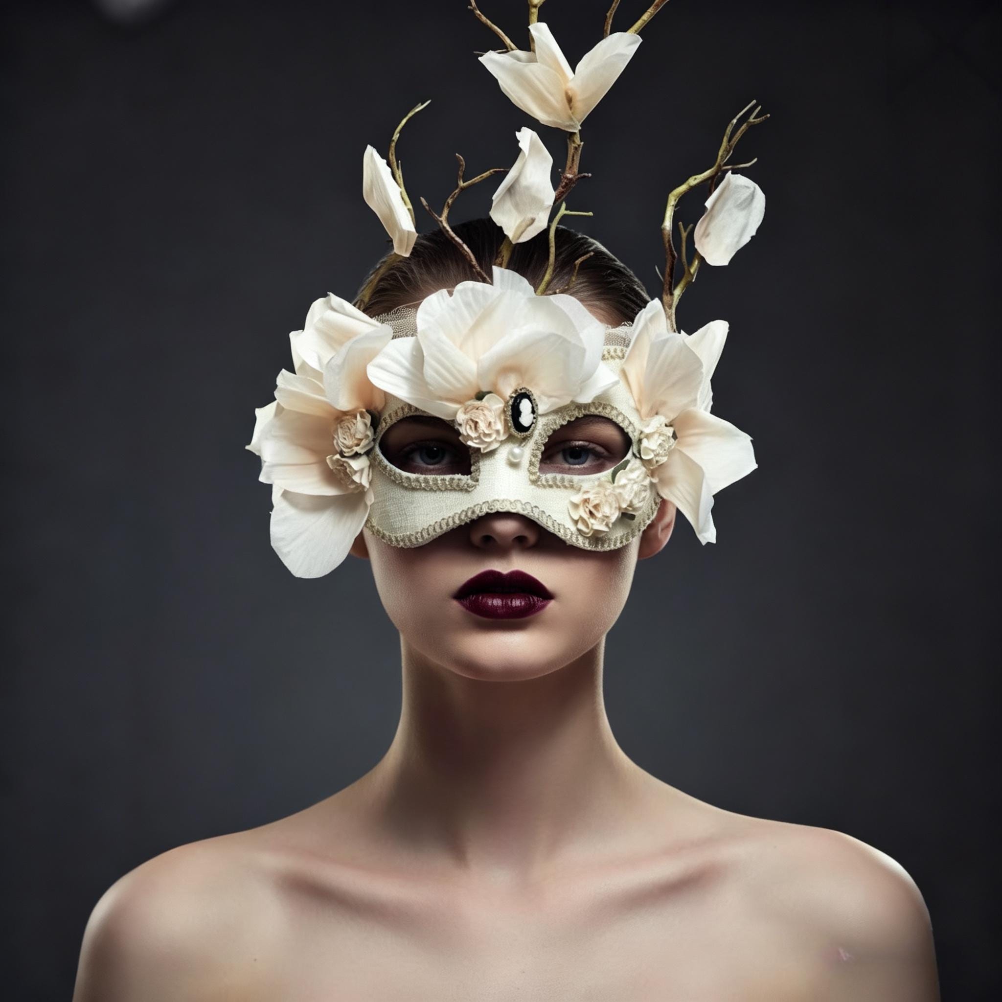 Vertical Feature Mask Romantic Ivory Floral Mask With Vertical Branch Details, Venetian ...