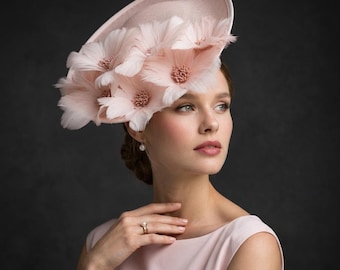 Pink Feather Fascinator Hat Wide Brim Derby Headpiece Royal Ascot Wedding Guest