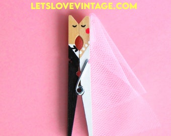 Custom Bridal Shower Favors - ONE Handpainted Bride Groom Kissing Clothespins - Made to Order