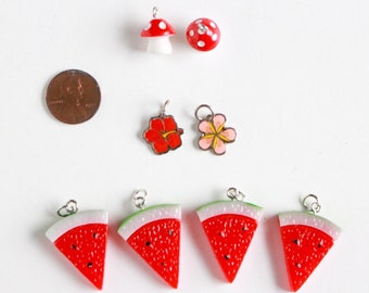 Charms: Mushroom Charm, Watermelon Charm, Tropical Flower Charm, Plastic Charms, Mushroom Necklace Watermelons, Jewelry Making Pendant Charm