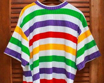 Vintage Striped Shirt, 1990s Shirt, 90s Shirt, Vintage 1990s Tee Shirt, Vintage Tshirt, Rainbow Tee, Ribbed Tee Shirt, Oversized Tee