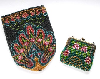 Vintage beaded purse and change purse SET, vintage 1920s beaded purse, 1920s beaded bag, vintage flapper purse, reticule bag, art deco bag