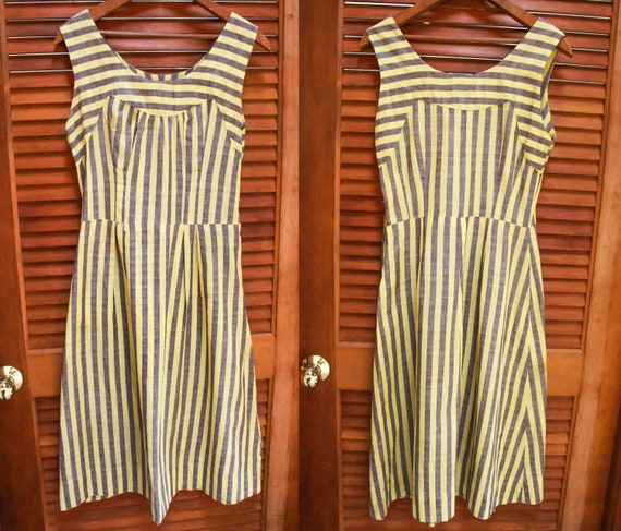 Vintage Pinup Dress, Vintage Yellow Striped Dress… - image 1